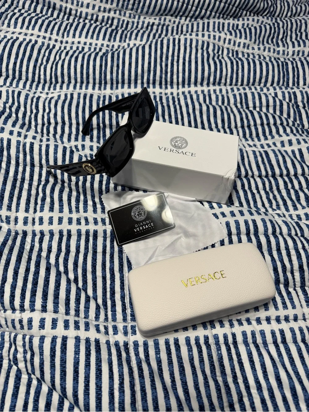 Versace Black Rectangular Sunglasses with Gold Medallion Temples